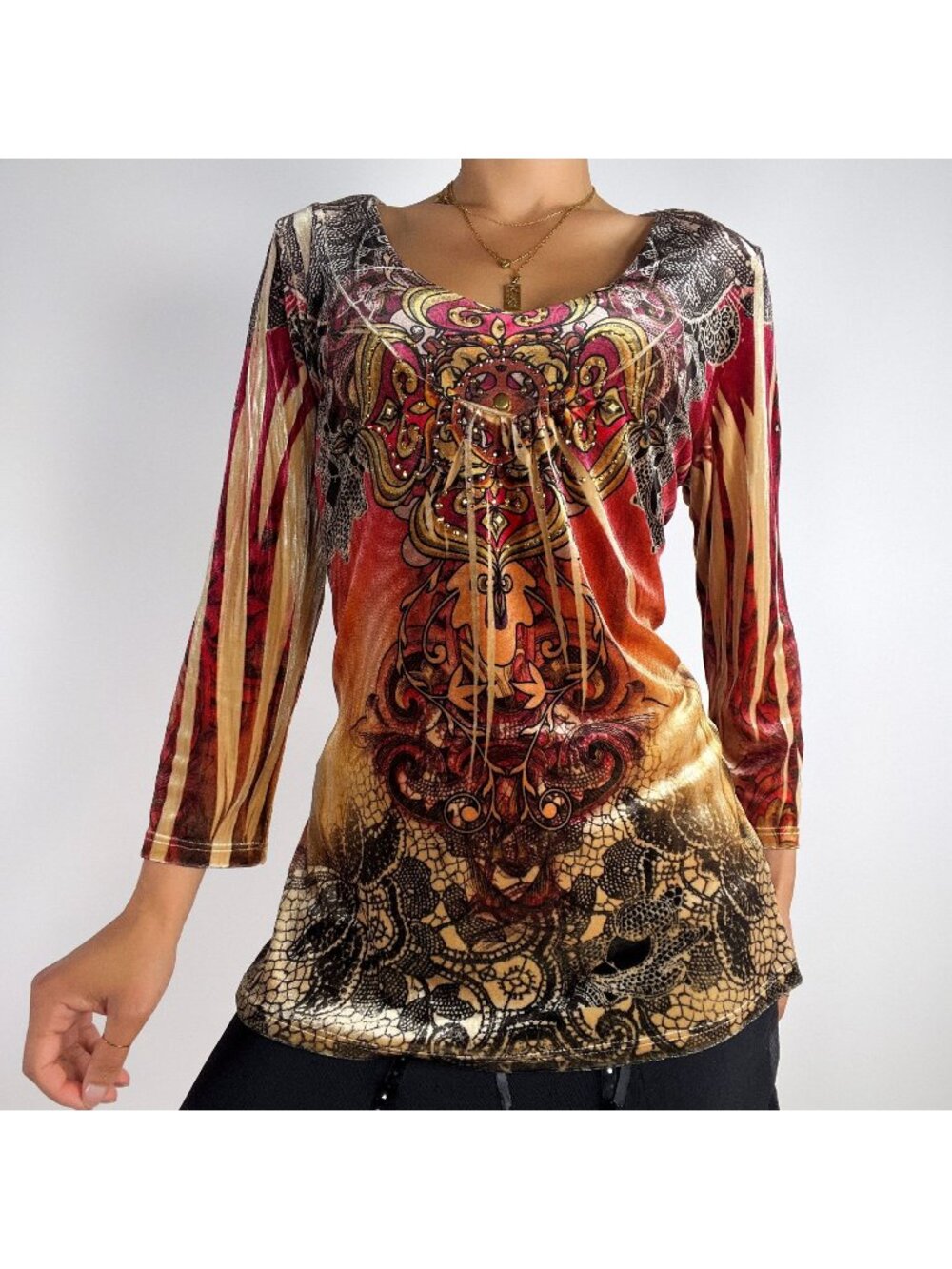 Womens Y2K Earthy Bohemian Fairycore Floral Velvet Bedazzled V Neck Top / M